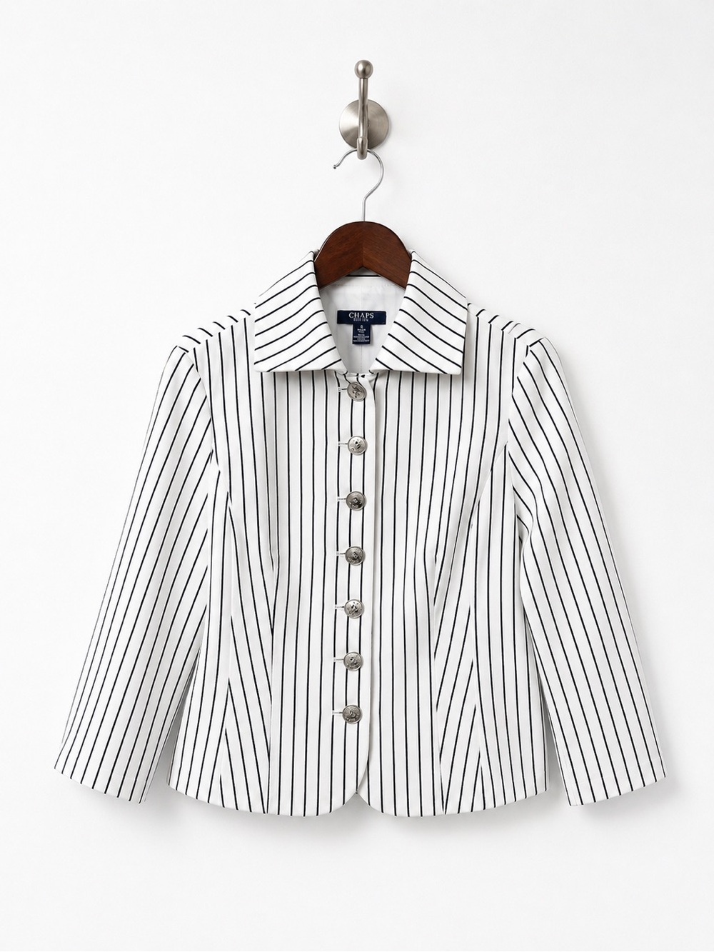 Chaps Womens S Black White Pinstripe Blazer Jacket Tailored Preppy Cotton
